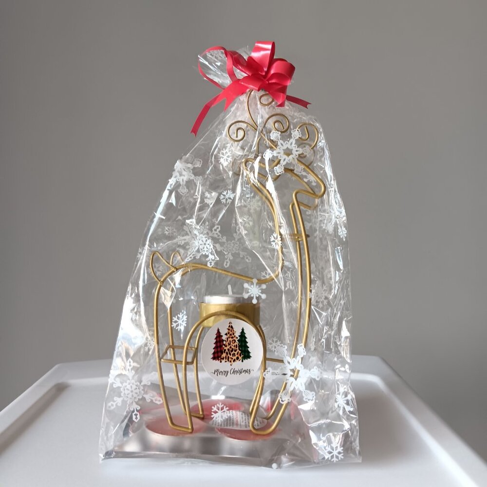 Reindeer Tea Light Candle Holder Gift with 4 Candles Gold Red White Wrapped